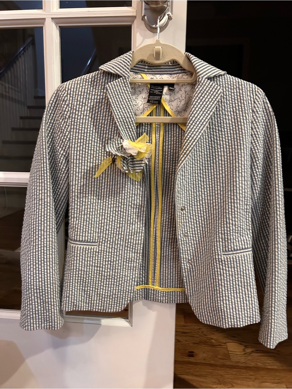 Women's Light Blue & White Striped Seersucker Blazer with Yellow Trim